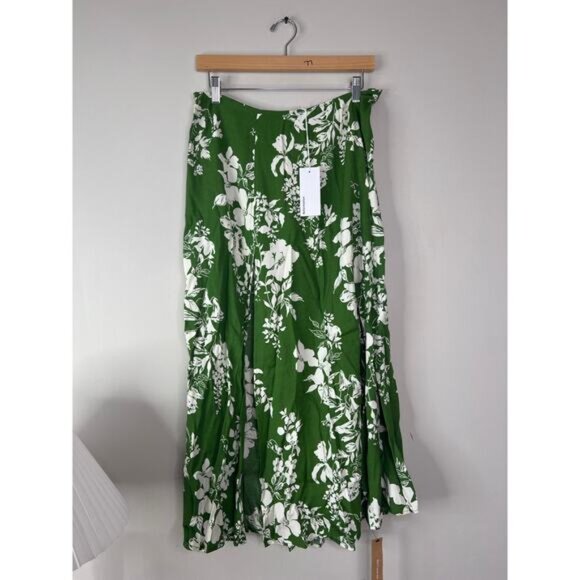 NWT Reformation Zoe Floral Hook & Eye Side Slit Lightweight Midi Skirt Green - Picture 2 of 8
